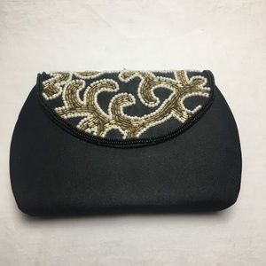Vintage Black Satin Clutch with Gold beading